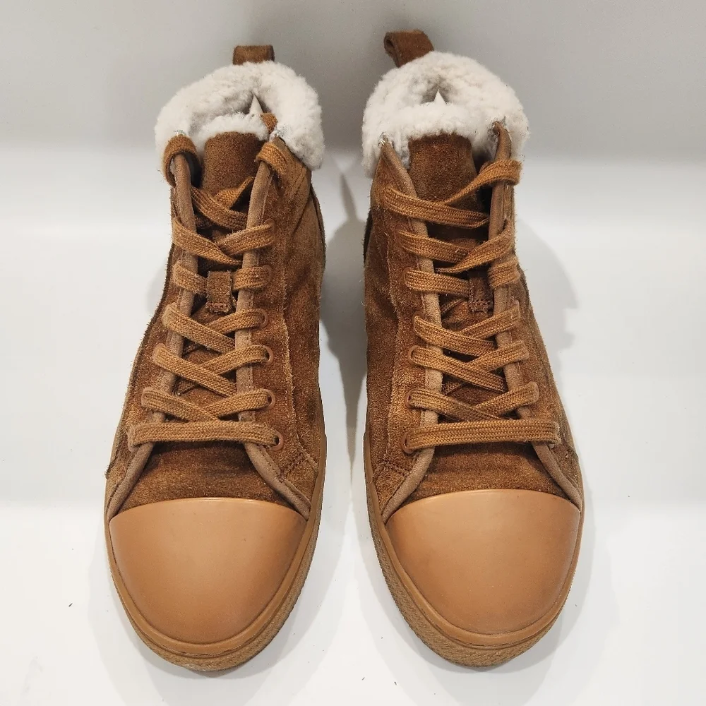 Tory Burch Brown Suede Shearling Trim High-Top Sneakers - Picture 3 of 9